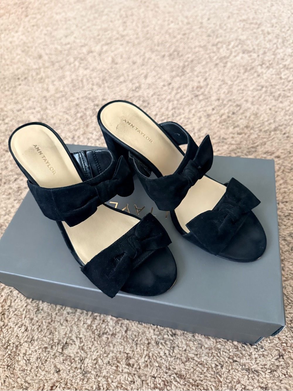 Ann Taylor Black Suede Bow Block Heel Slides